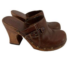 MIA Wooden Clogs Mules Y2K Brown Distressed Leather Womens US Size 7 Chunky Heel